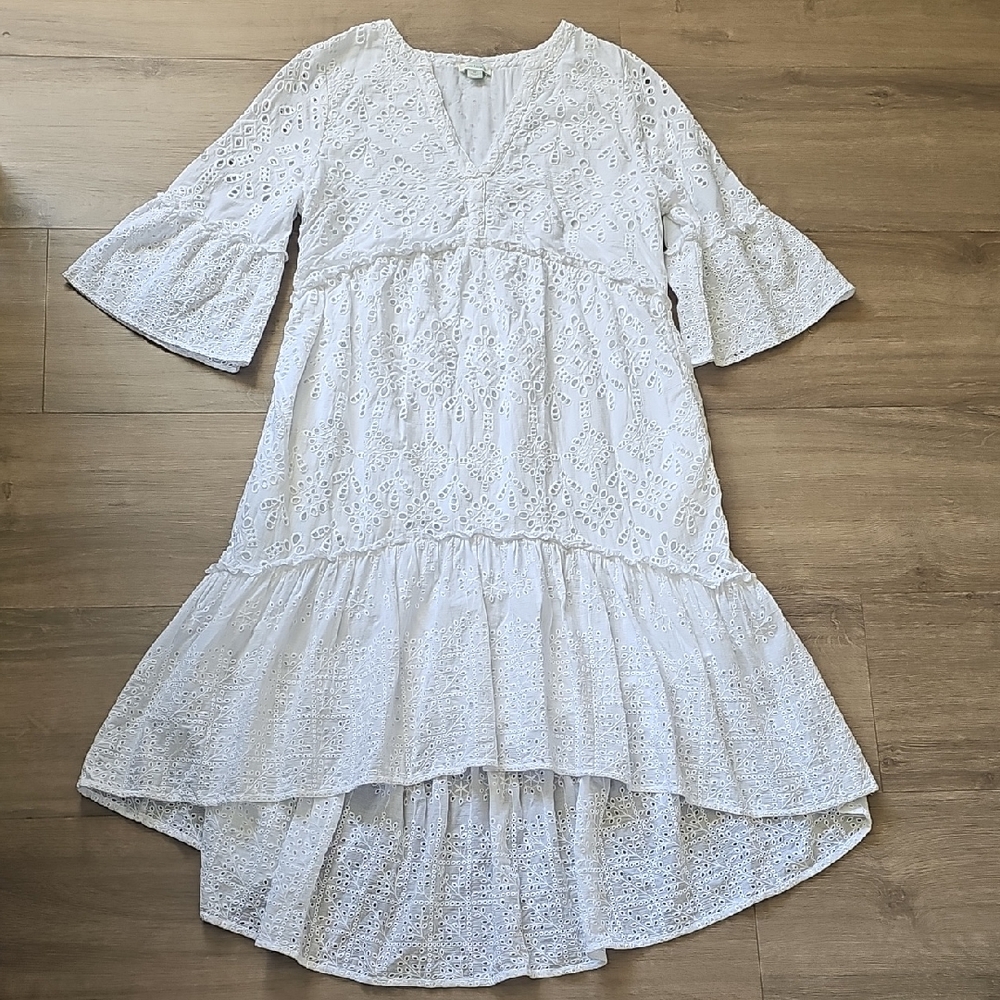 Sundance White Eyelet Lace Bell Sleve Midi Dress Cotton Size Medium